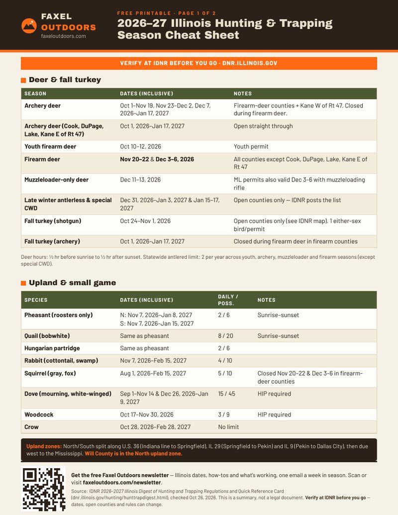 Page 1 of the 2026-27 Illinois Hunting and Trapping Season Cheat Sheet